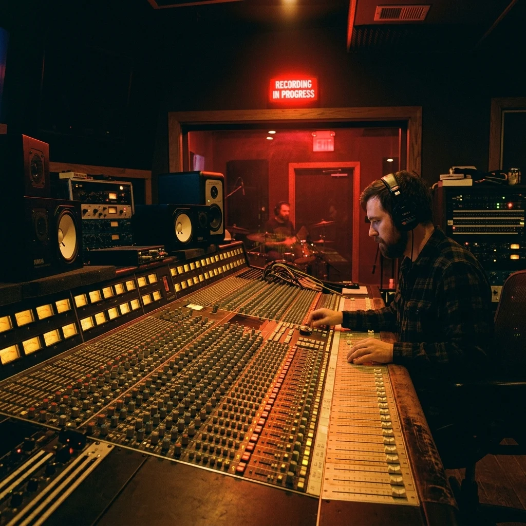 A recording studio control room photographed on 35mm