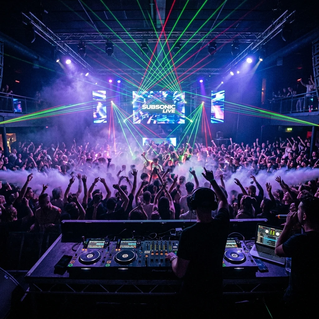 Crowd dancing at a nightclub with lasers
