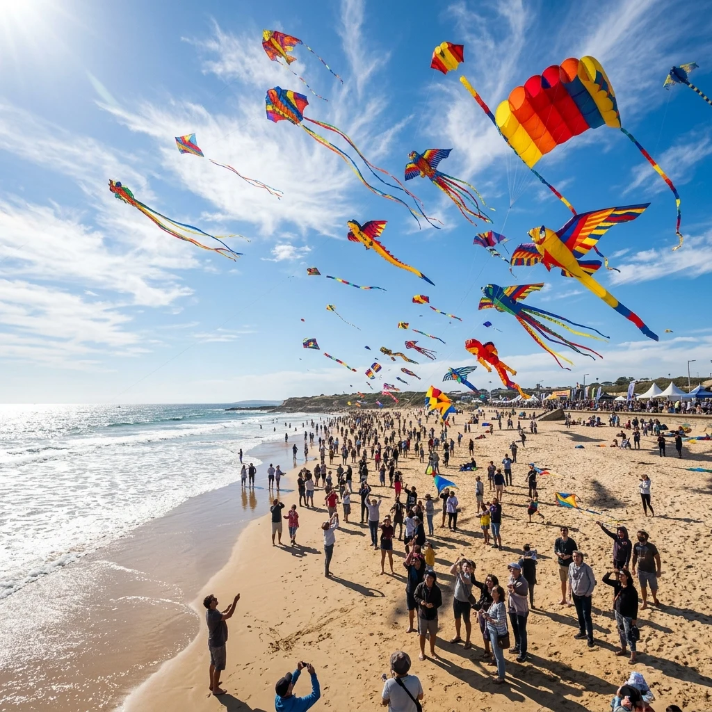 A kite festival on a windy beach