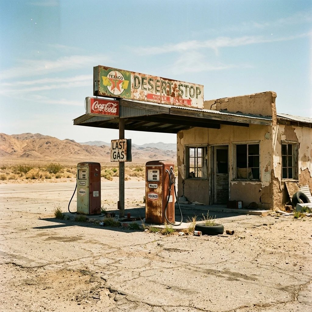 Abandoned gas station in the desert heat