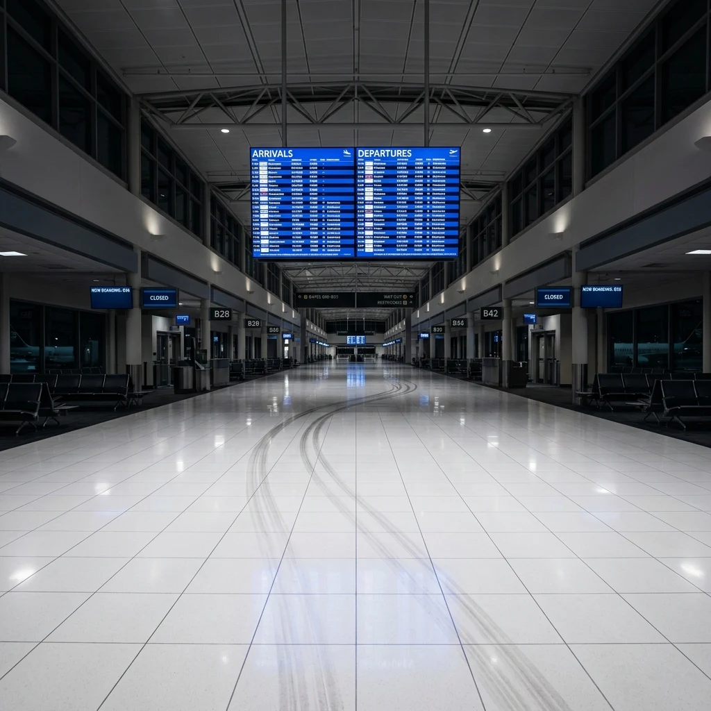 An airport terminal at 4 a.m. shot on a wide lens