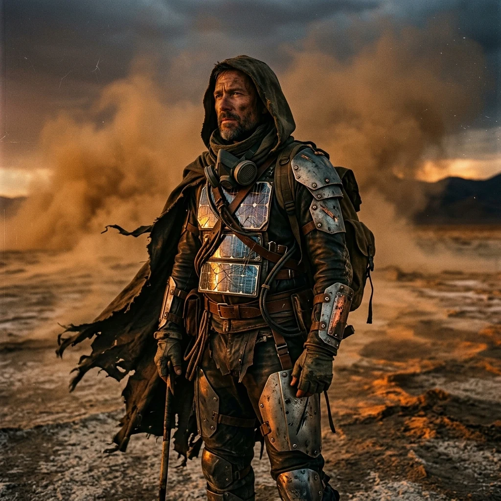 A nomad survivor wearing armor pieced together from salvaged spacecraft plating
