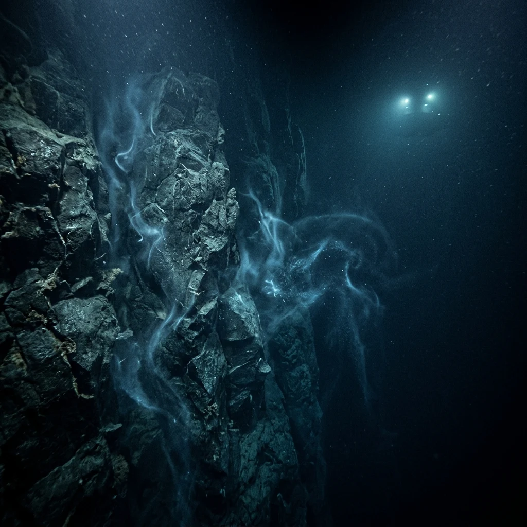 An underwater photograph of icy deep-sea currents sweeping past the jagged basalt wall of…