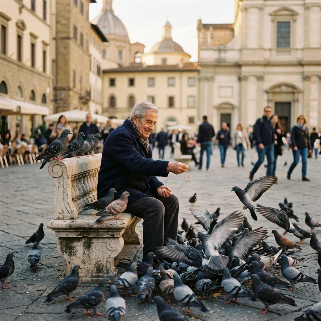 An elderly man feeding pigeons on a plaza bench