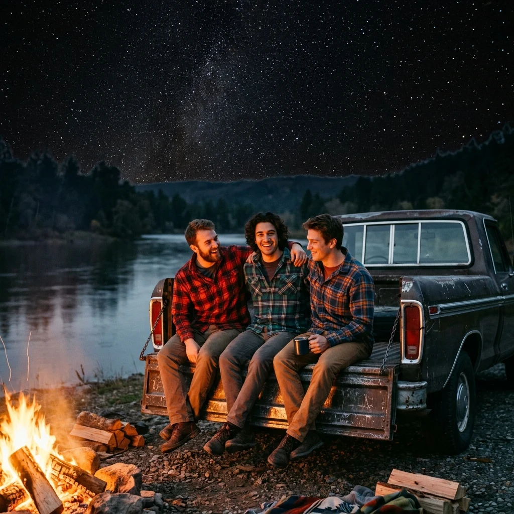 Friends gathered around a campfire by the river