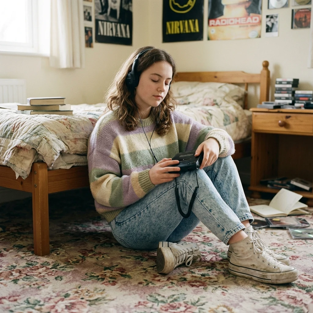 A 1990s teenage girl sitting on a bedroom carpet in an oversized wide-stripe sweater