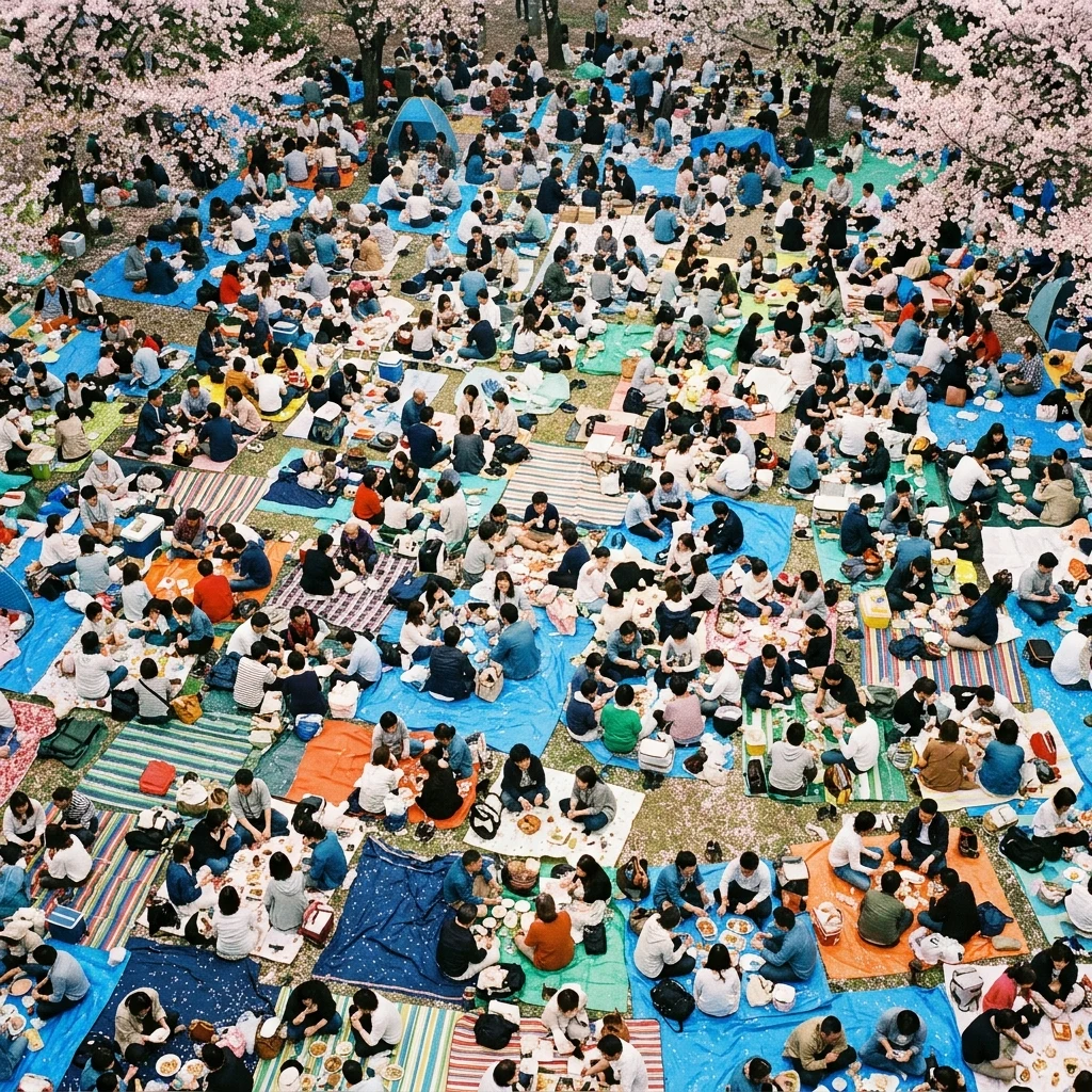 Cherry blossom picnic crowds on blue tarps in a city park