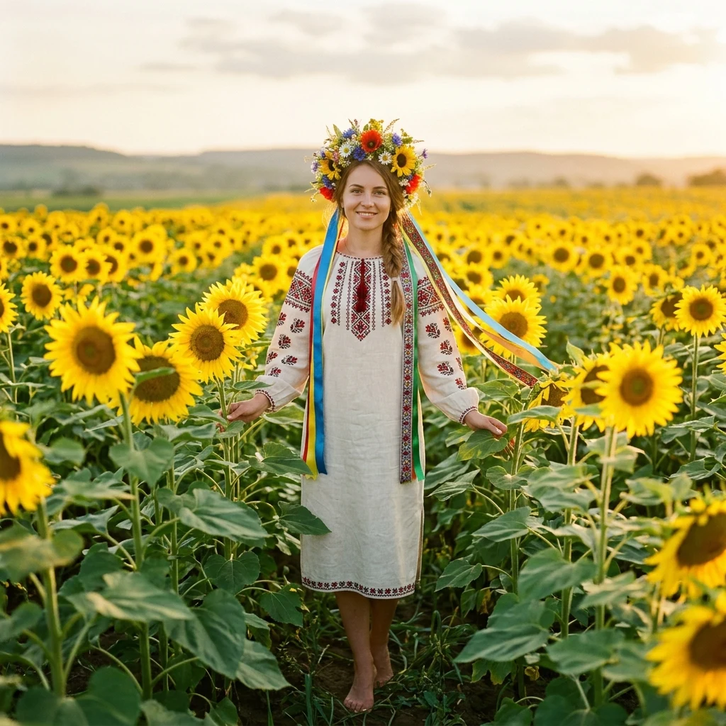 A Ukrainian woman wearing a traditional vyshyvanka embroidered linen dress and a colorful…