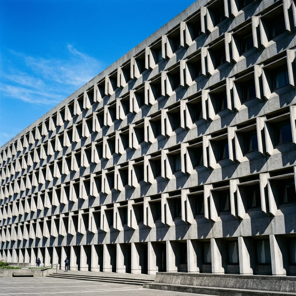 A brutalist administrative building facade composed of repeated angled concrete…