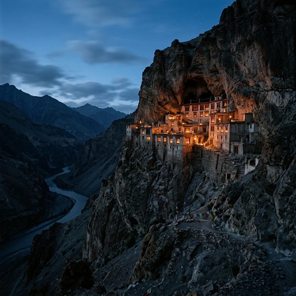 A long-exposure 4x5 large-format photograph of a remote Himalayan monastery perched on a…