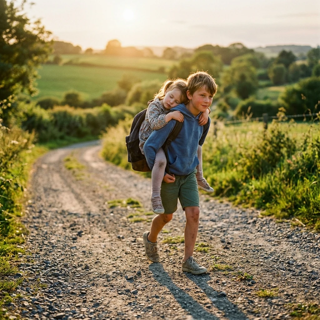 An eleven-year-old boy carrying his sleepy four-year-old sister piggyback down a gravel…