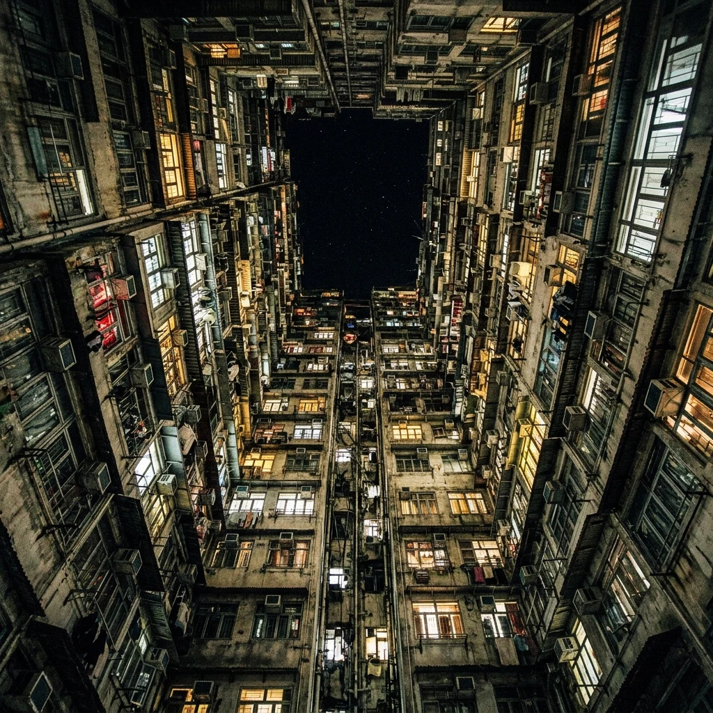 Looking up through a narrow urban canyon