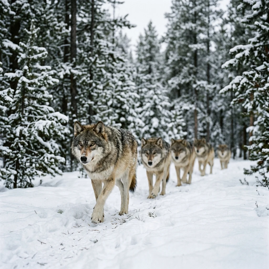 A pack of wild timber wolves moving through a snow-covered pine forest in the Carpathians