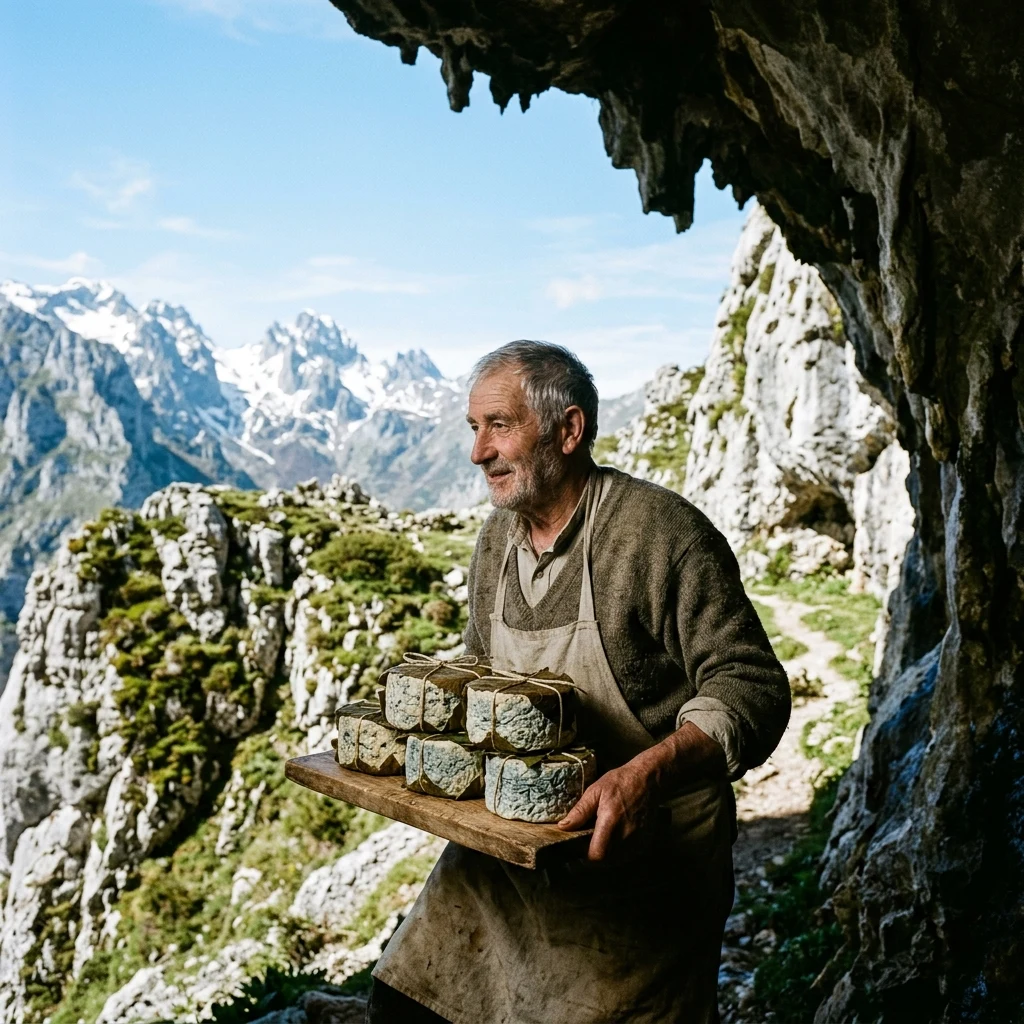 A local cheesemaker emerging from a limestone cave in the Picos de Europa carrying…