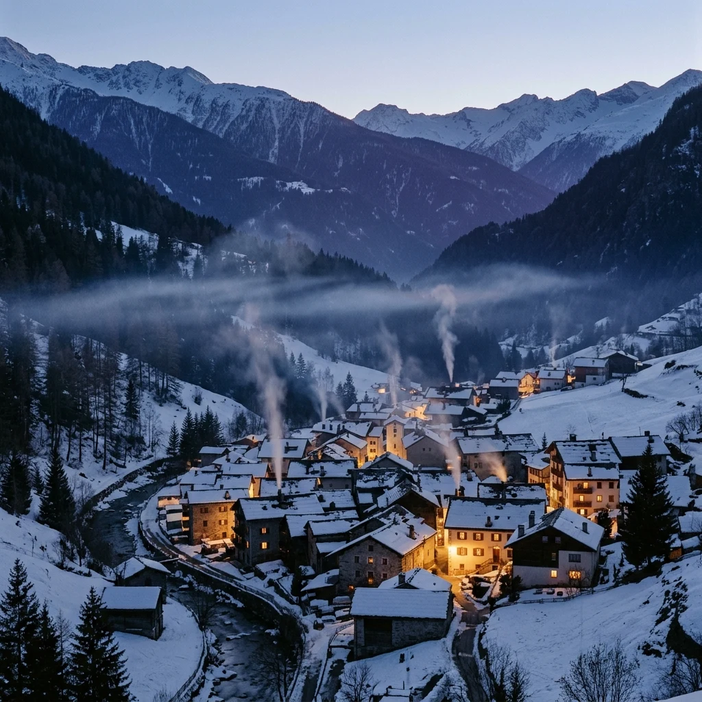 Snowy village valley at twilight