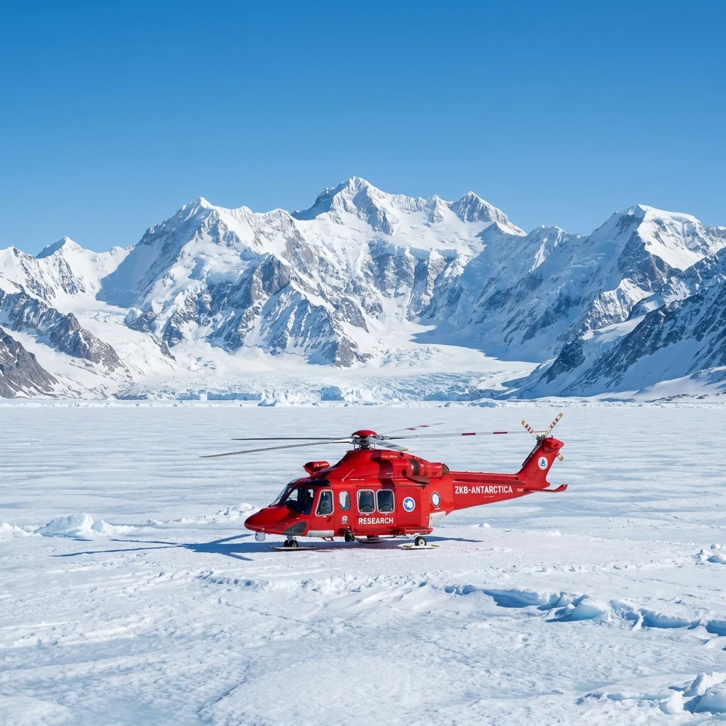 A polar research helicopter parked on a flat glacier in the Transantarctic Mountains