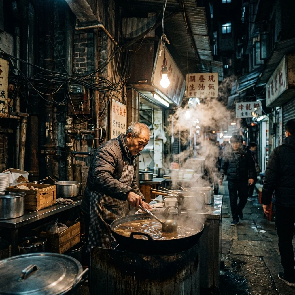 A late-night food stall at the edge of Kowloon Walled City