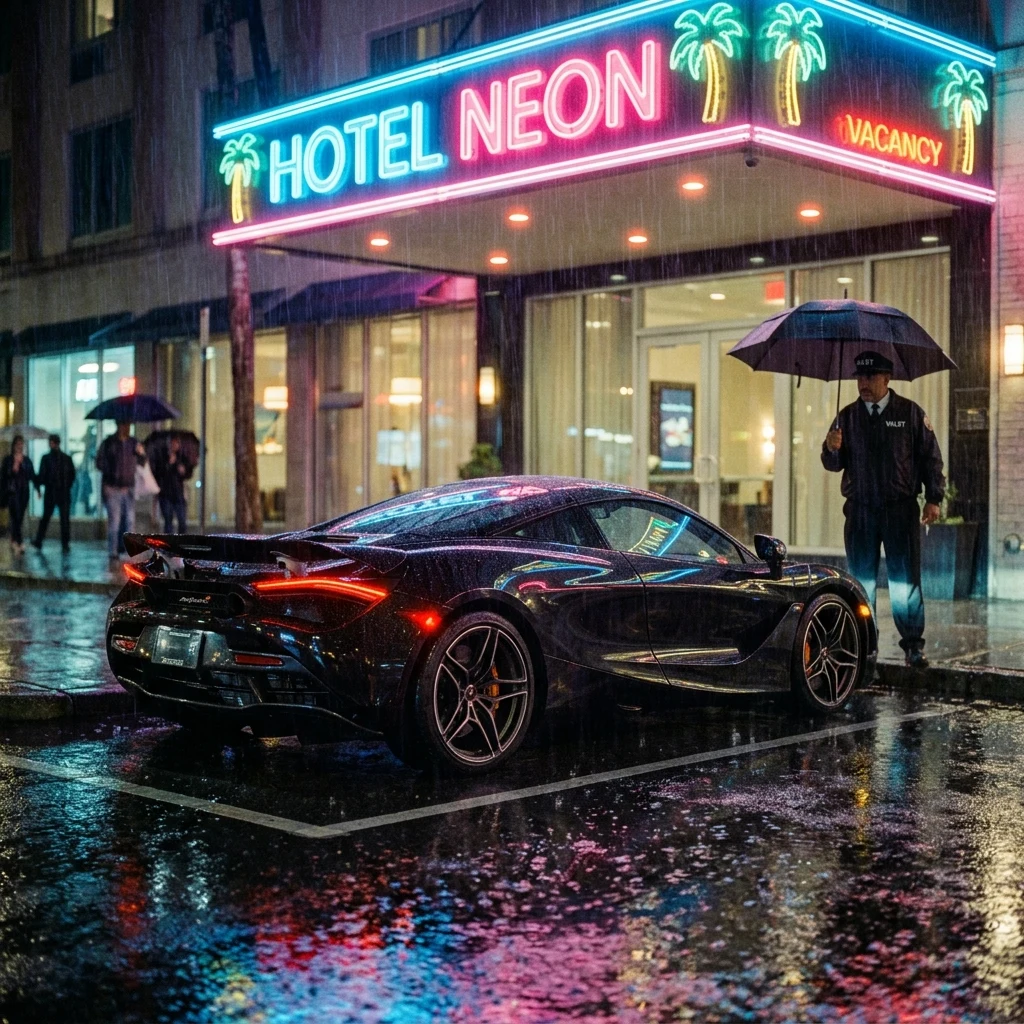 A sleek sports car idling outside a rain-soaked hotel entrance