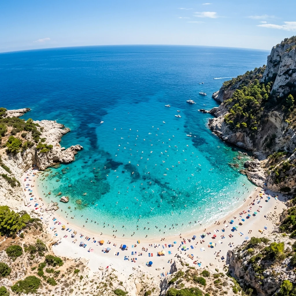An aerial drone shot of Spiaggia dei Conigli in Lampedusa