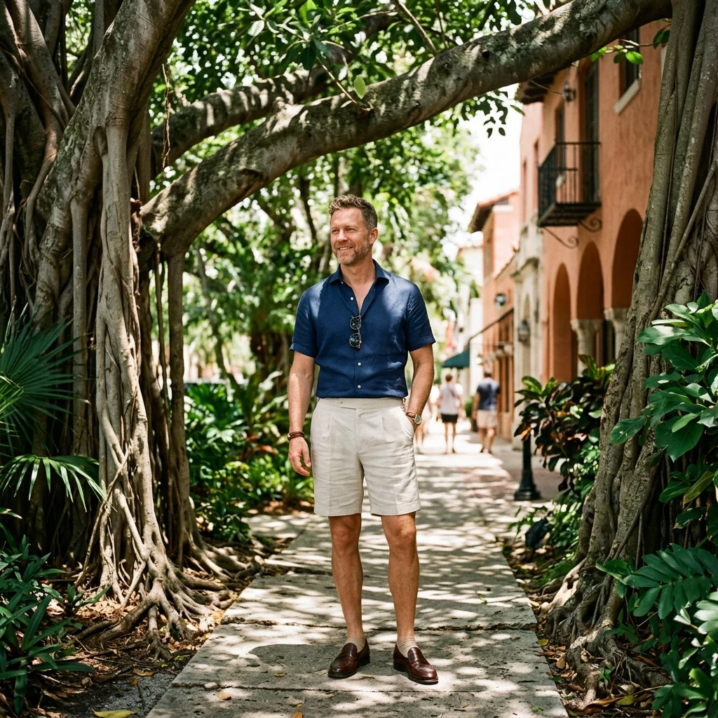 Man standing on a sunny city sidewalk