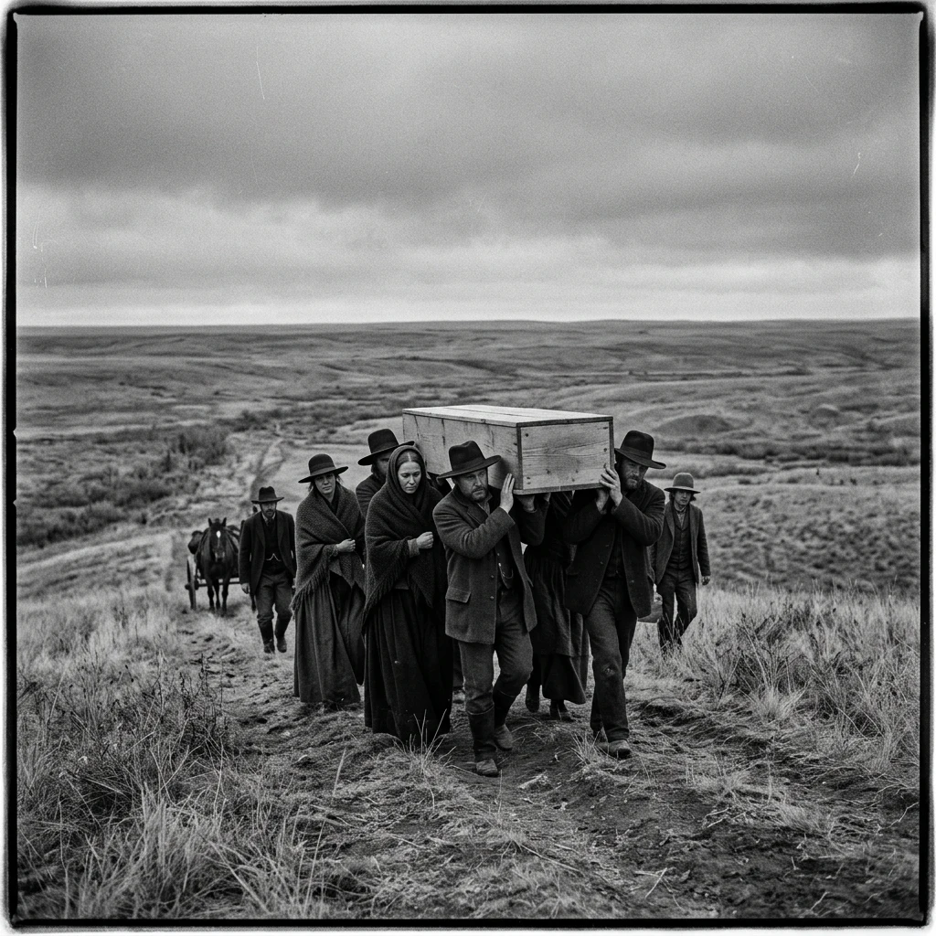 A pioneer funeral procession walking across a barren prairie ridge