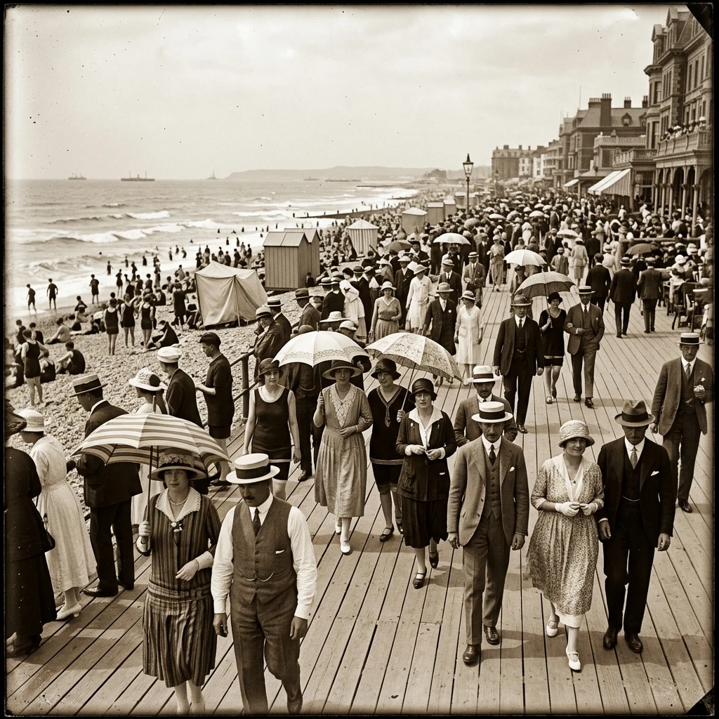 A 1920s seaside promenade photographed on glass plate