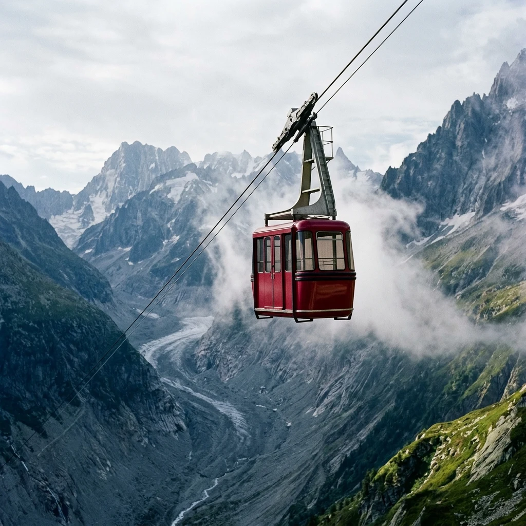 An alpine cable car gondola suspended high above a glacier-carved valley floor