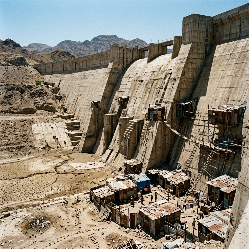 A post-apocalyptic mega-structure hydroelectric dam with a dry