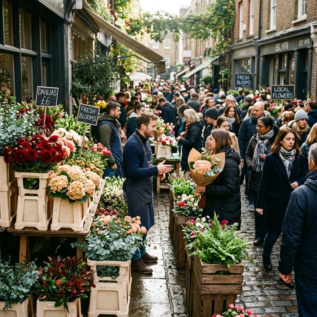 Bustling flower market on a sunny street