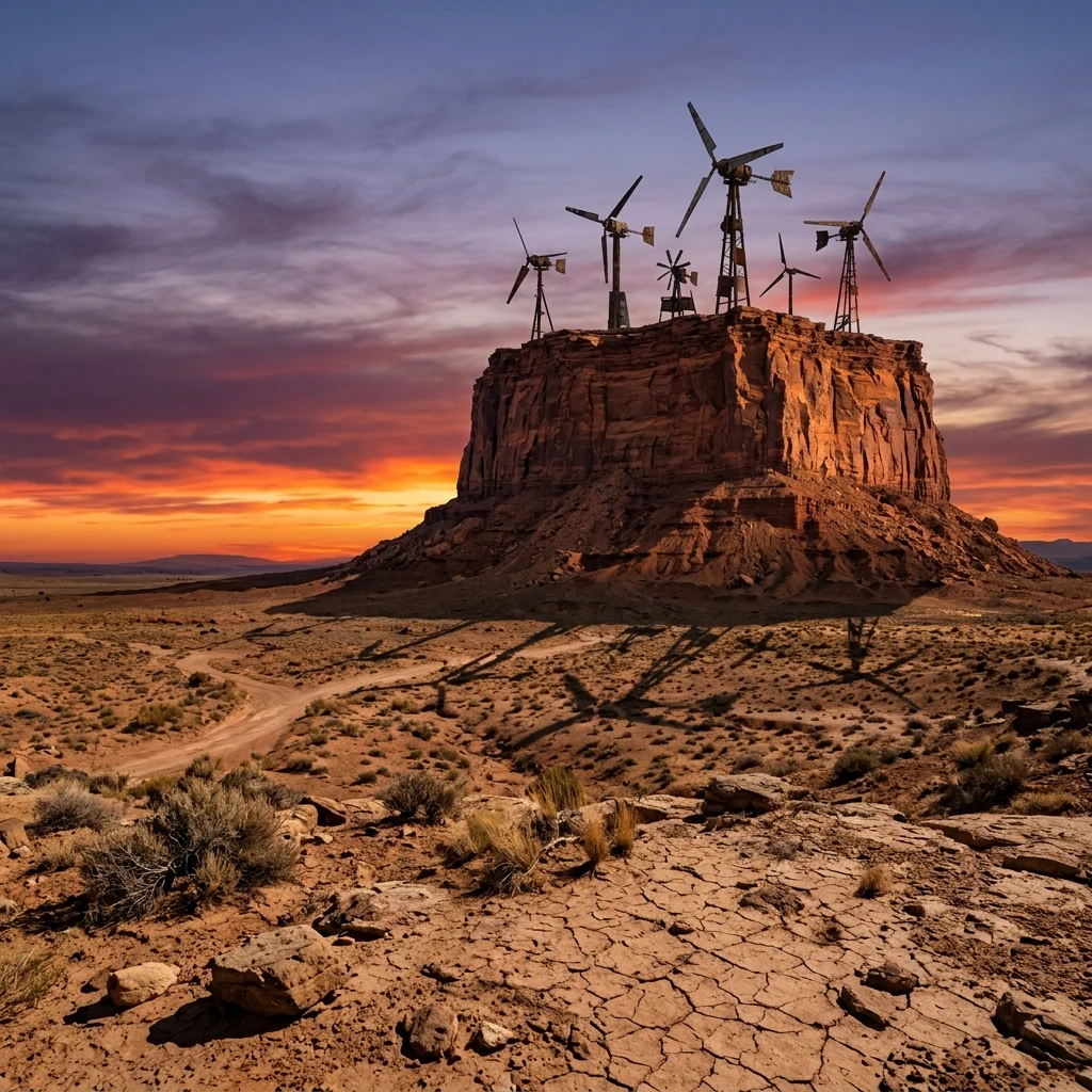 A solitary mesa in an arid wasteland topped with a makeshift wind turbine array