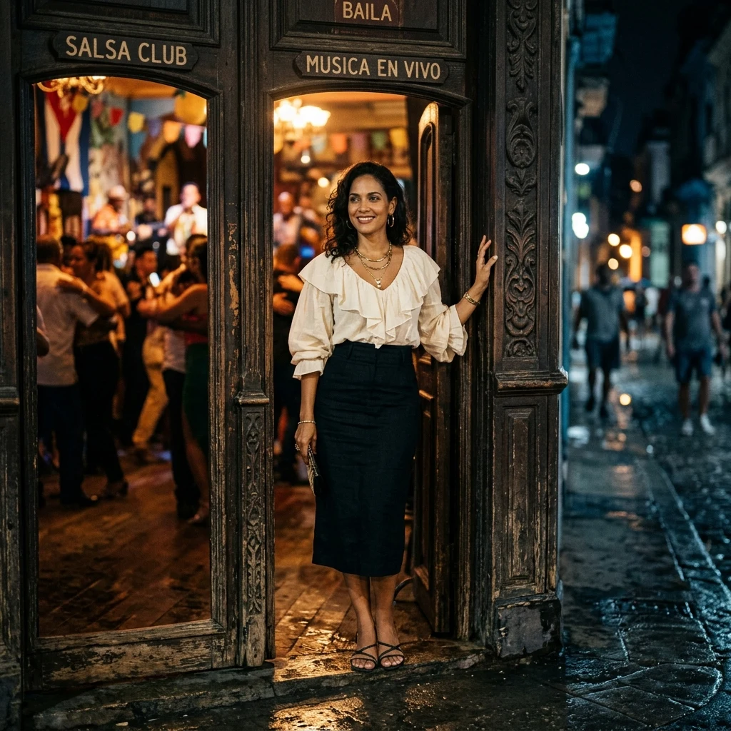 A woman in a ruffled blouse and a high-waisted skirt in the doorway of a salsa venue