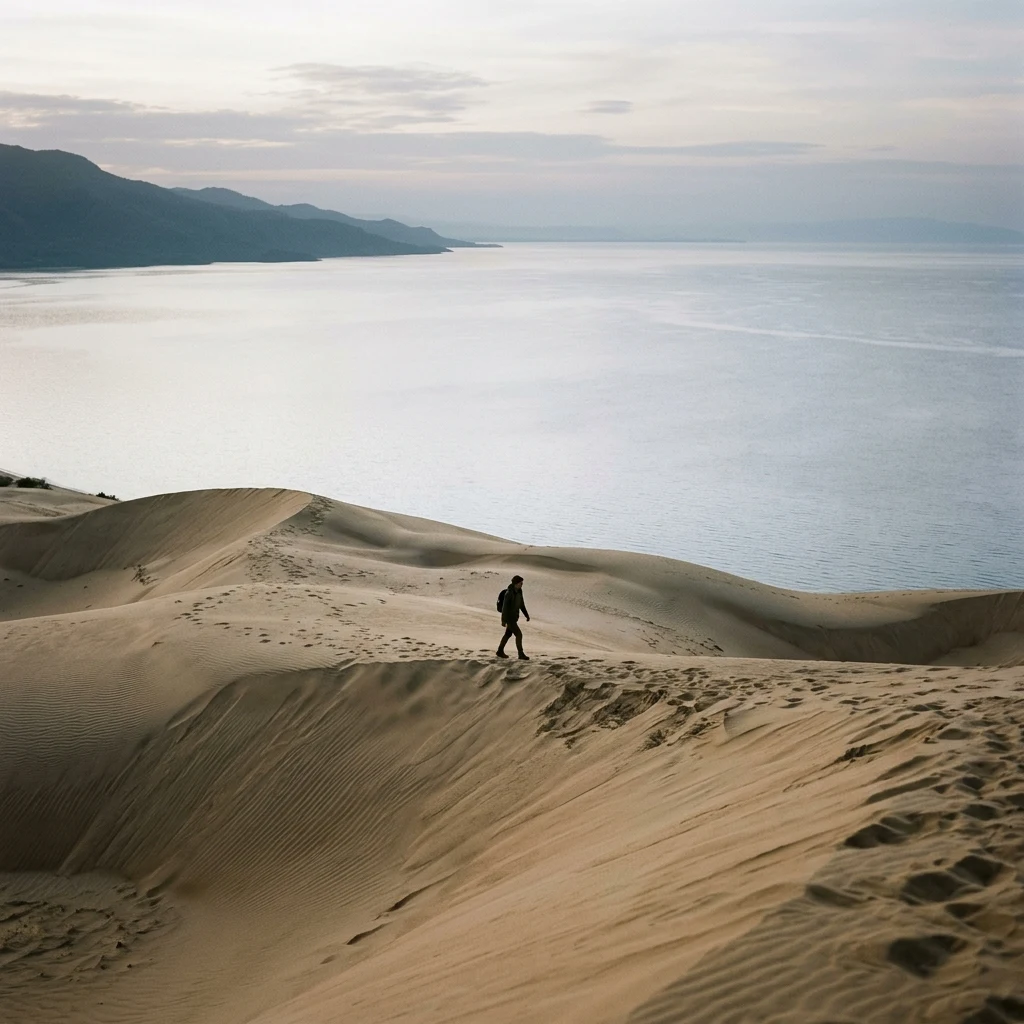 A solitary walker on the endless wind-scoured dunes of Chitimba on Lake Malawi