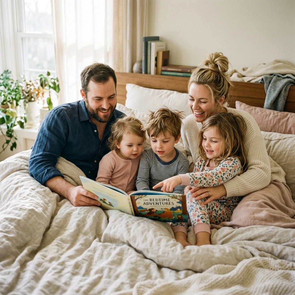 A young family with three small children snuggled together under a duvet in a large bed…