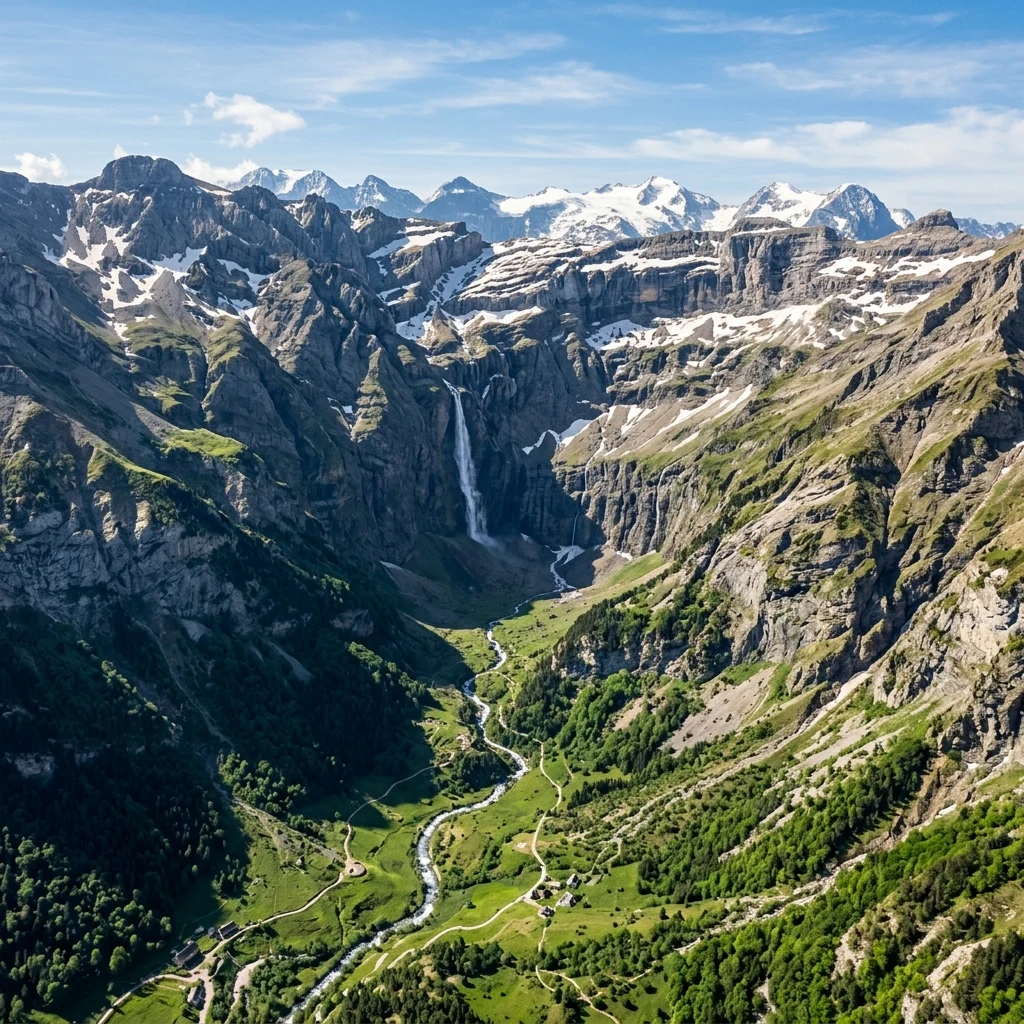 Waterfall cascading down a mountain amphitheater