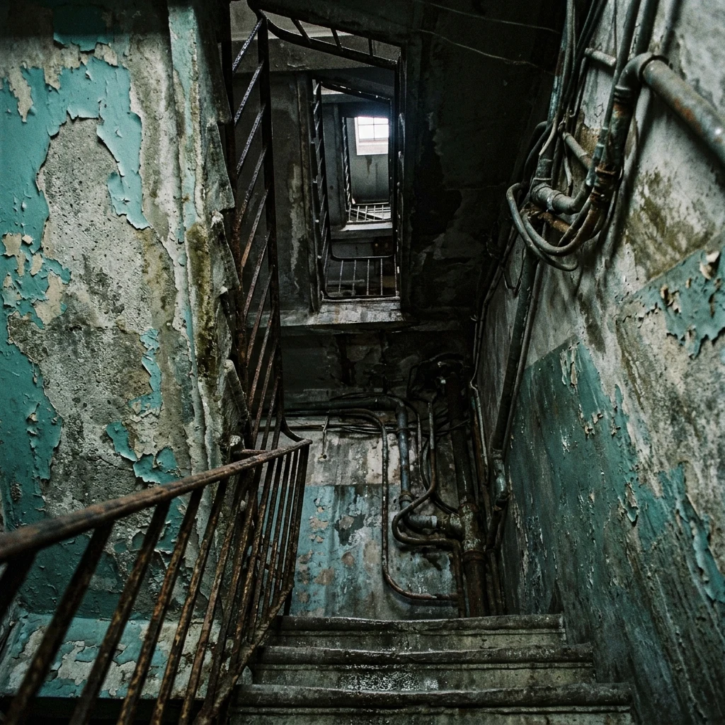 A narrow vertical stairwell inside Kowloon Walled City with flaking turquoise paint