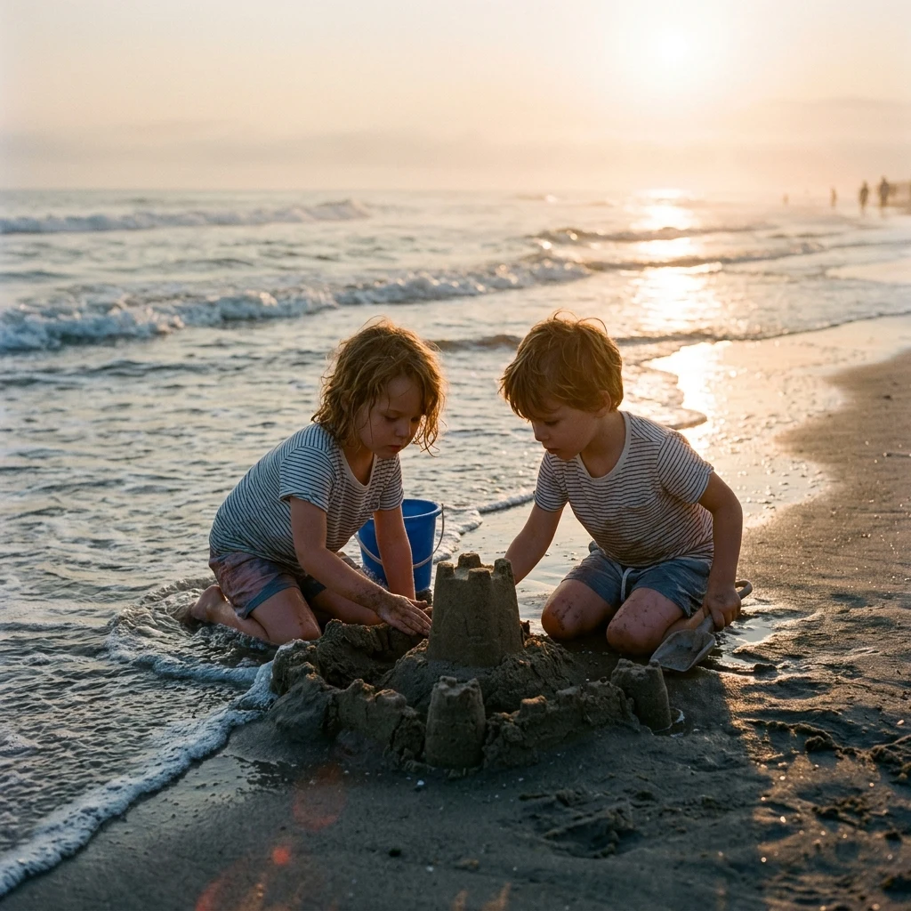 Five-year-old fraternal twin brother and sister building a sandcastle at the tideline