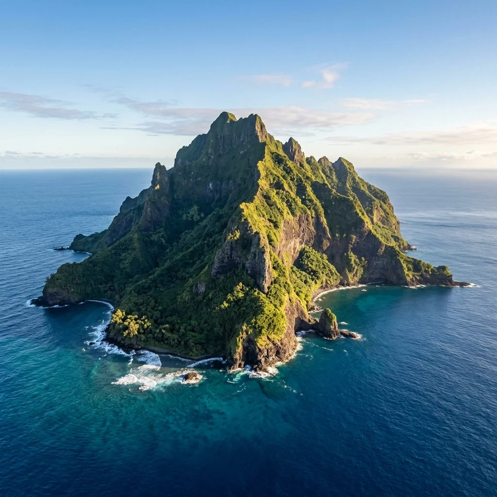 A 3D render of Lord Howe Island rising sharply out of the ocean as the only exposed…