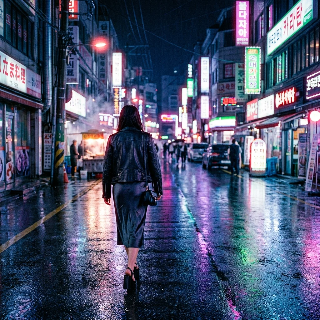 A woman in a slip dress under a leather moto jacket with platform sandals on a neon-lit…