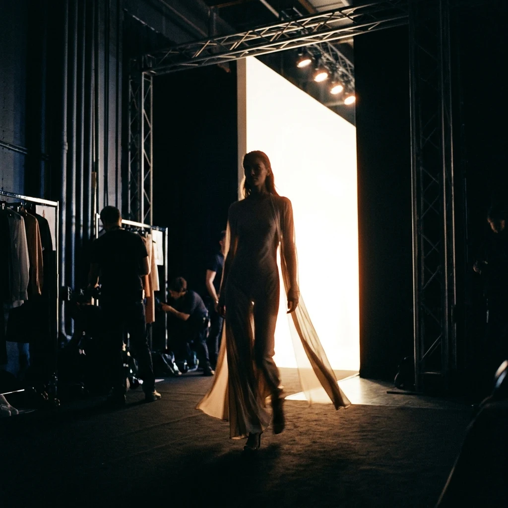 A model stepping off the runway into the dark backstage wings