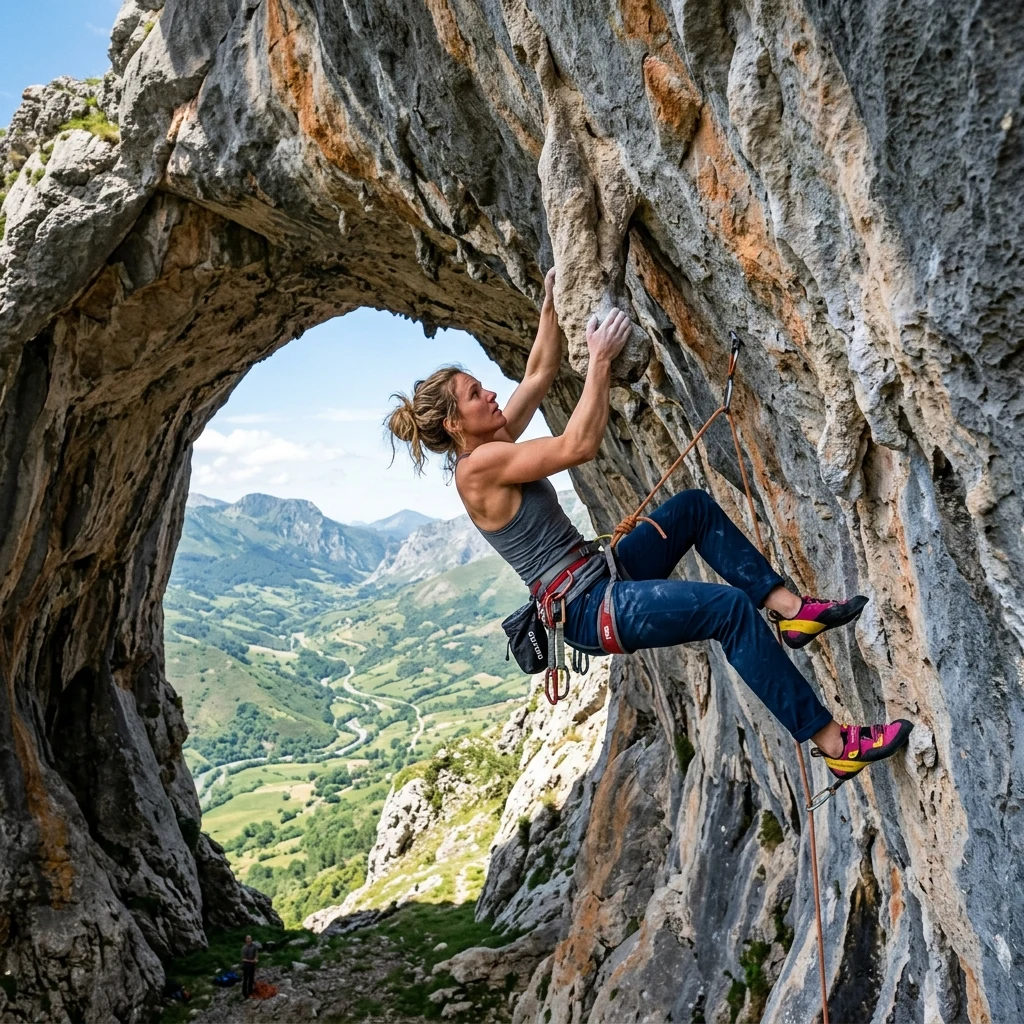 A modern rock climber in lightweight stretch-canvas pants
