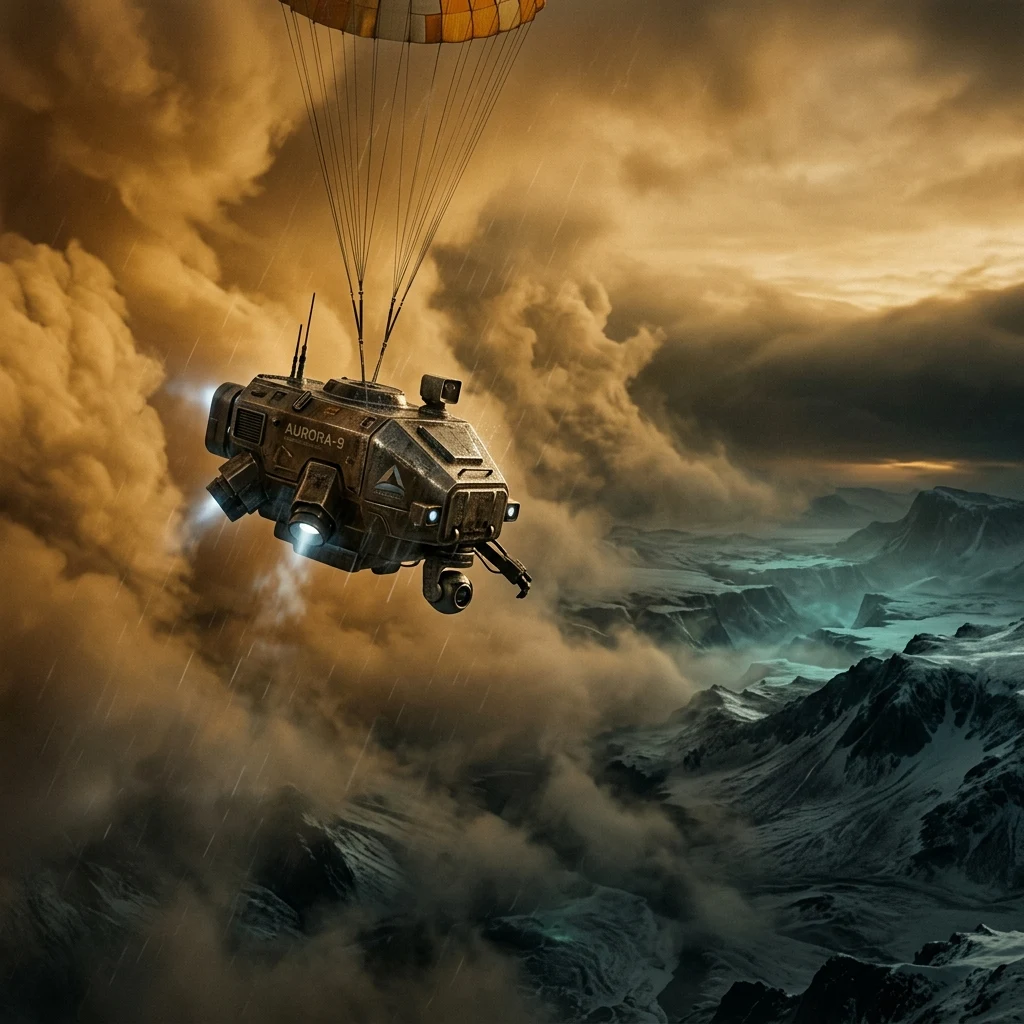 A robotic atmospheric probe descending through thick orange nitrogen clouds