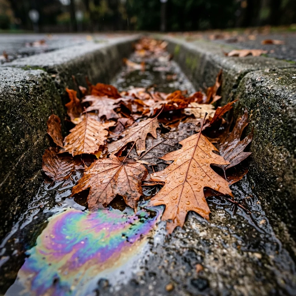 Autumn leaves in a wet city gutter