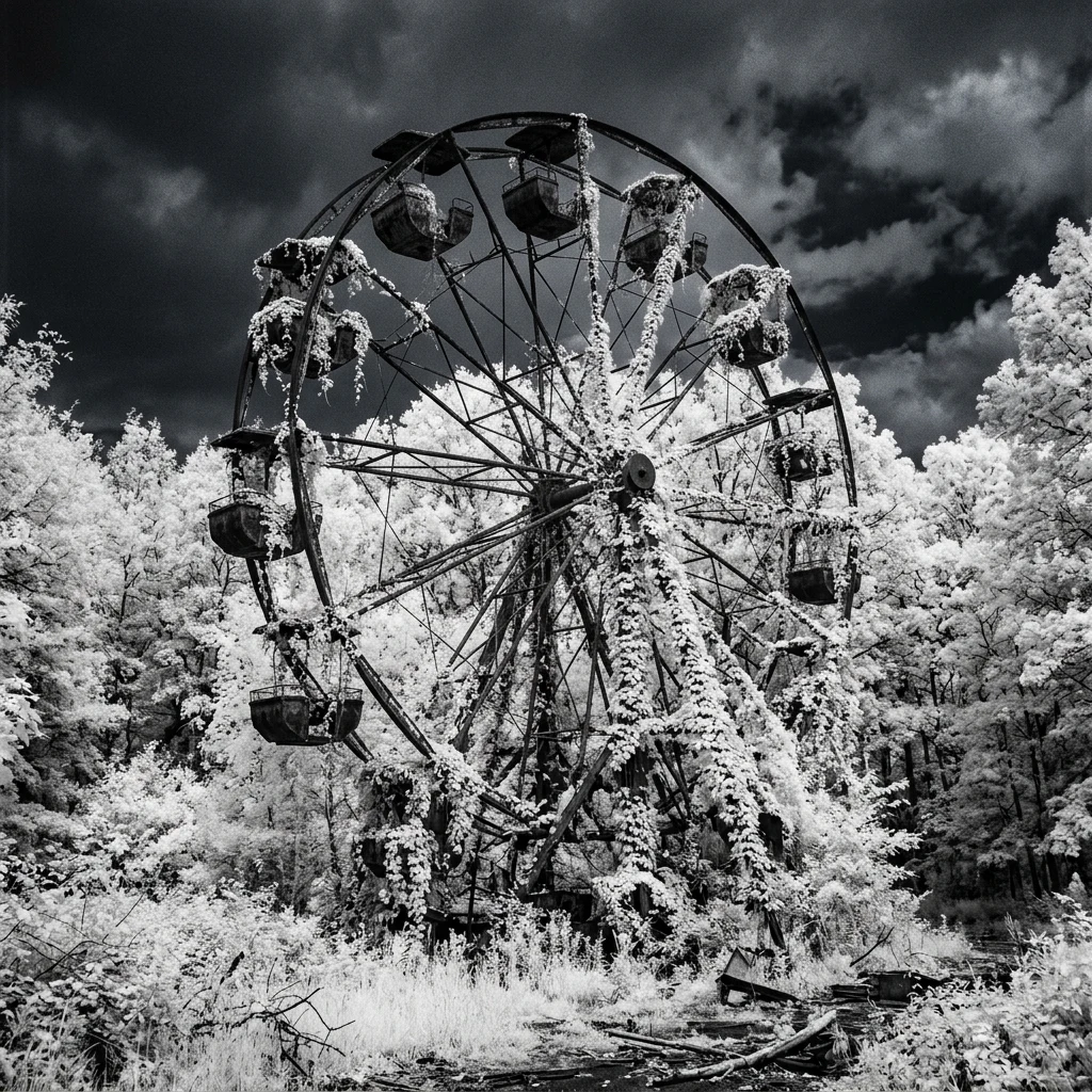An abandoned amusement park reclaimed by forest