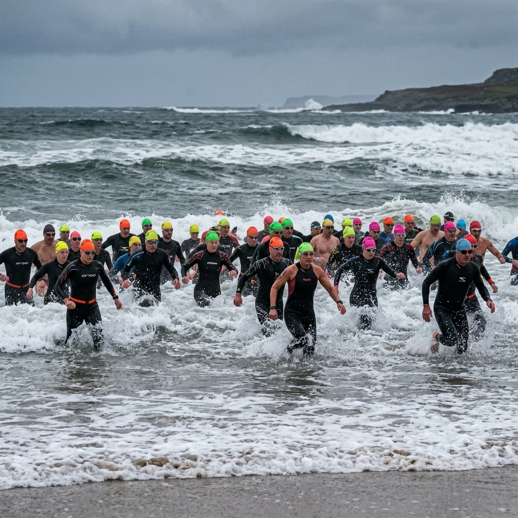 Swimmers entering the cold ocean
