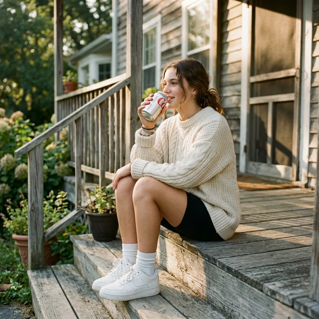 A teenage girl in an oversized thrifted cable-knit sweater
