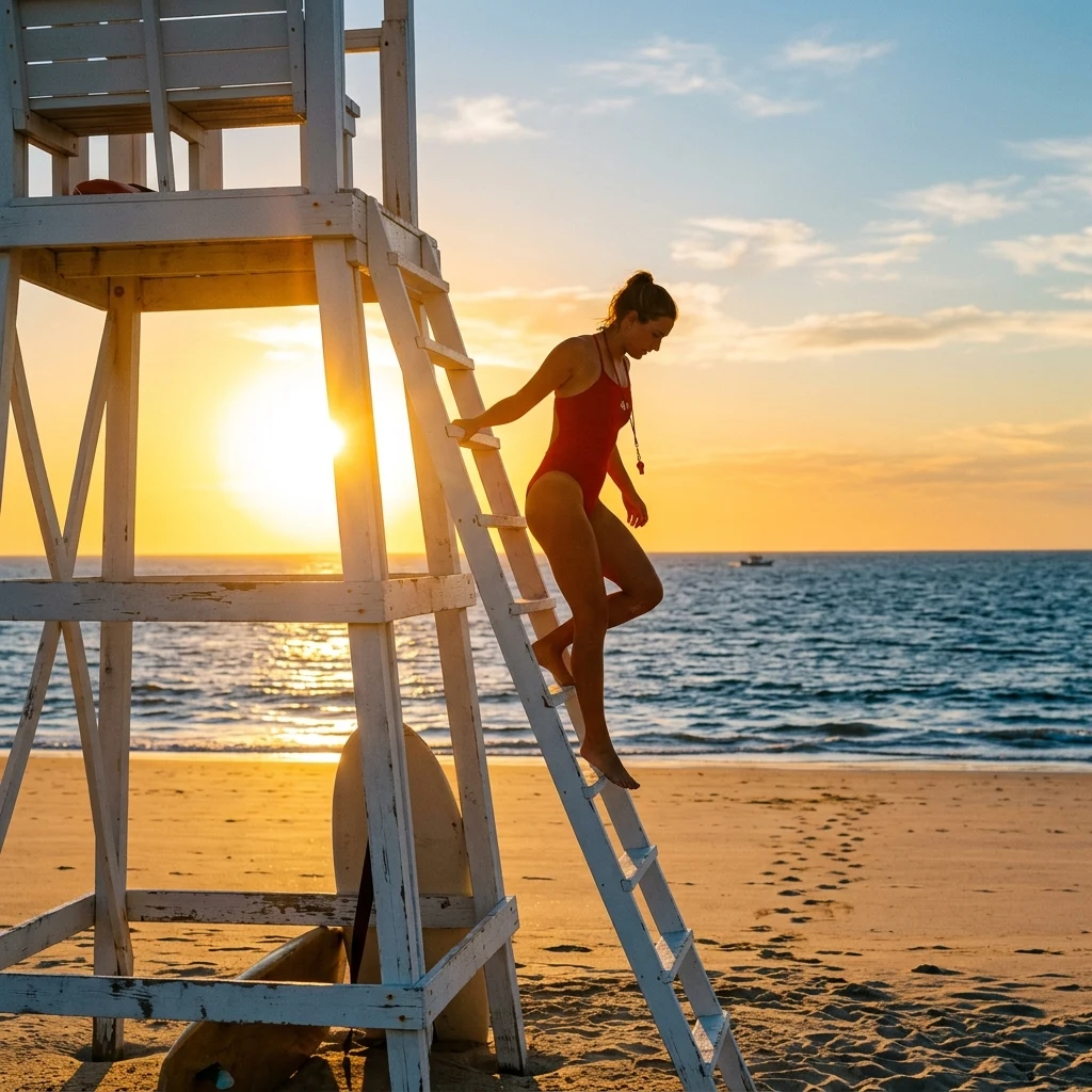 A lifeguard at shift change climbing down the tower ladder