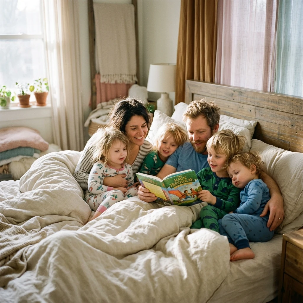 A young family with three small children snuggled together under a duvet in a large bed…
