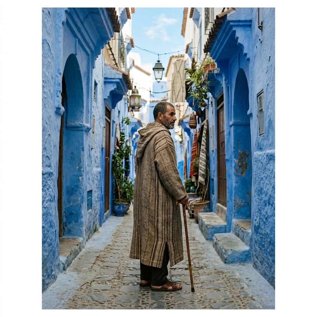 A Moroccan man in a traditional woven wool djellaba with a pointed hood
