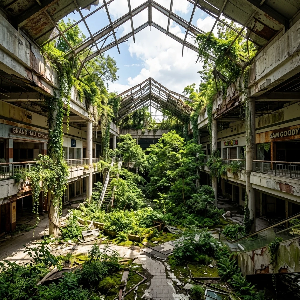 A ghost shopping mall with the skylights collapsed and mature trees growing in the atrium