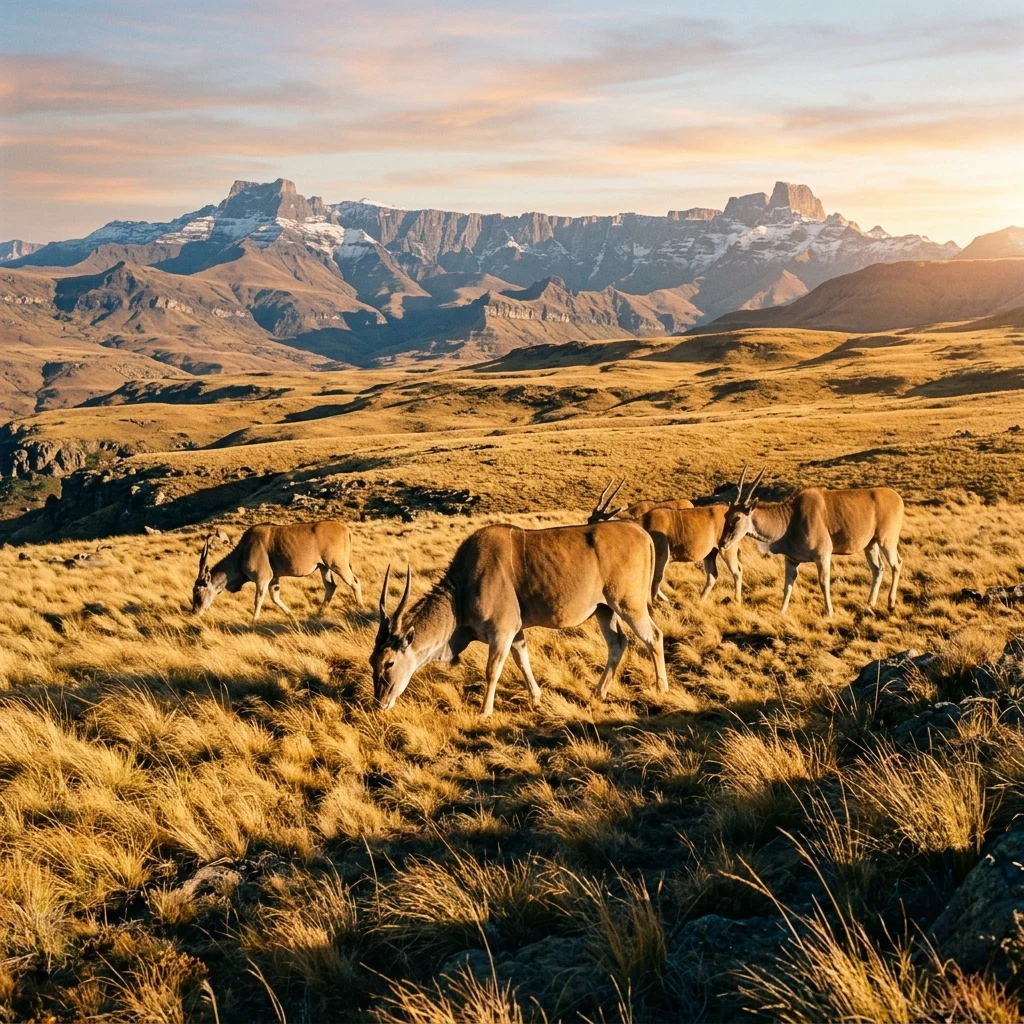 A herd of eland antelopes grazing on the high-altitude grasslands of the Drakensberg at…